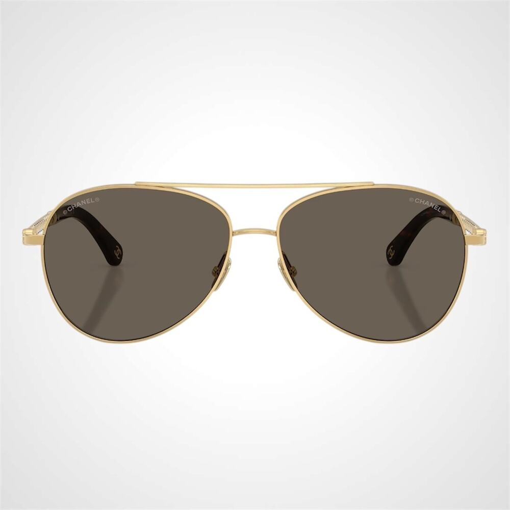 New CHANEL Sunglasses Gold Brown Metal Aviator Pilot White Pearl Arms Authentic - Picture 2 of 7